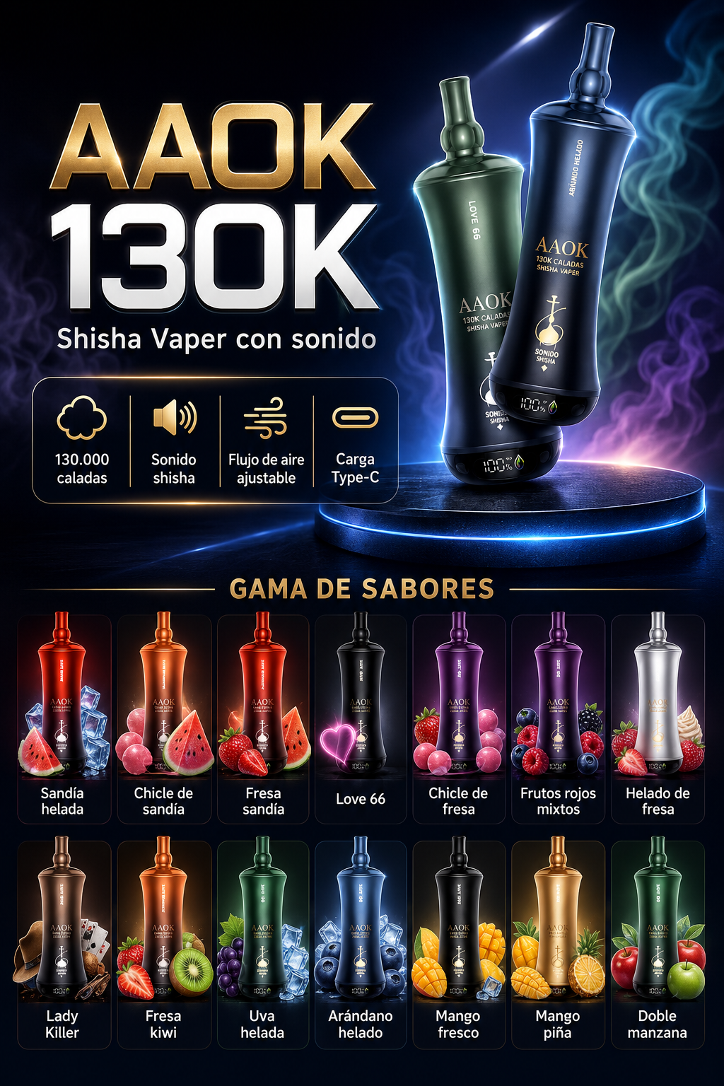 Vaper Shisha AAOK 130K | Con Sonido Burbujas