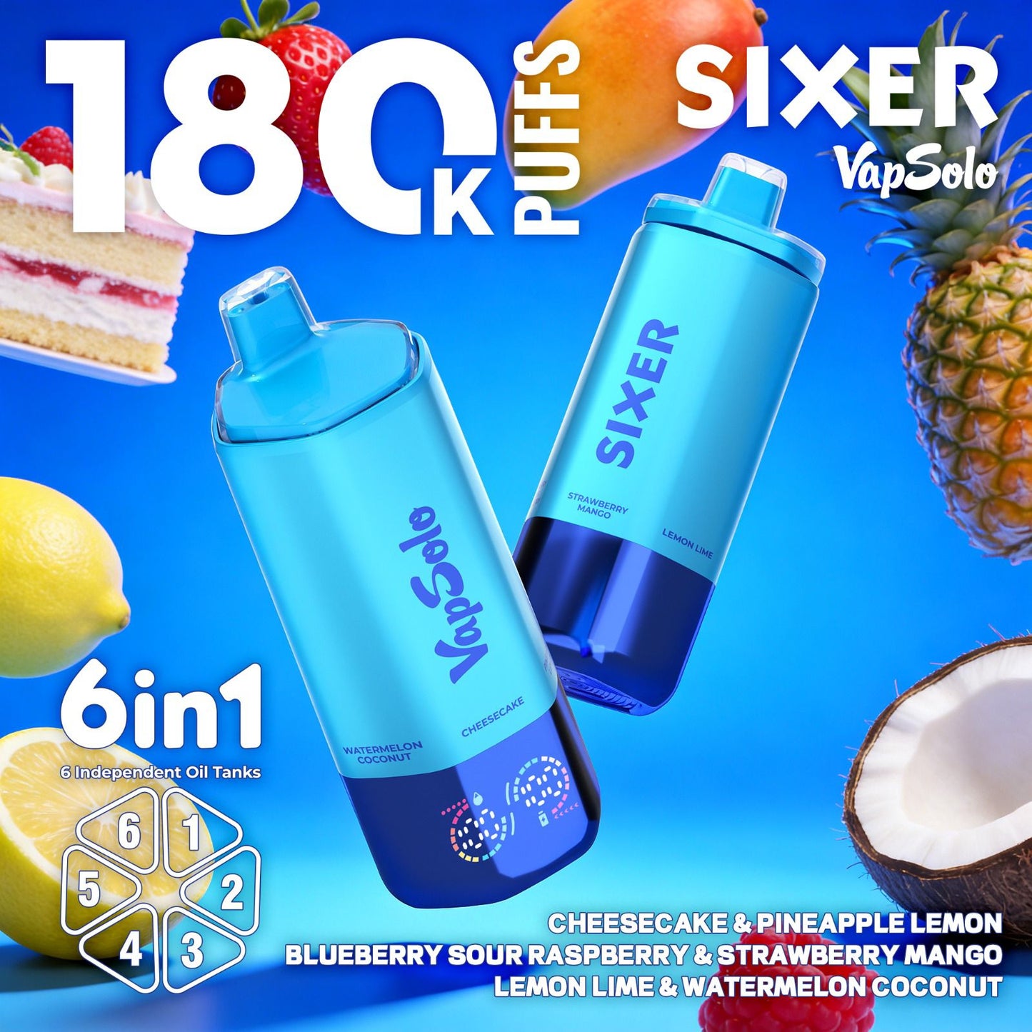 VAPSOLO SIXER 180k 6en1 | 180.000 caladas 6 sabores en 1