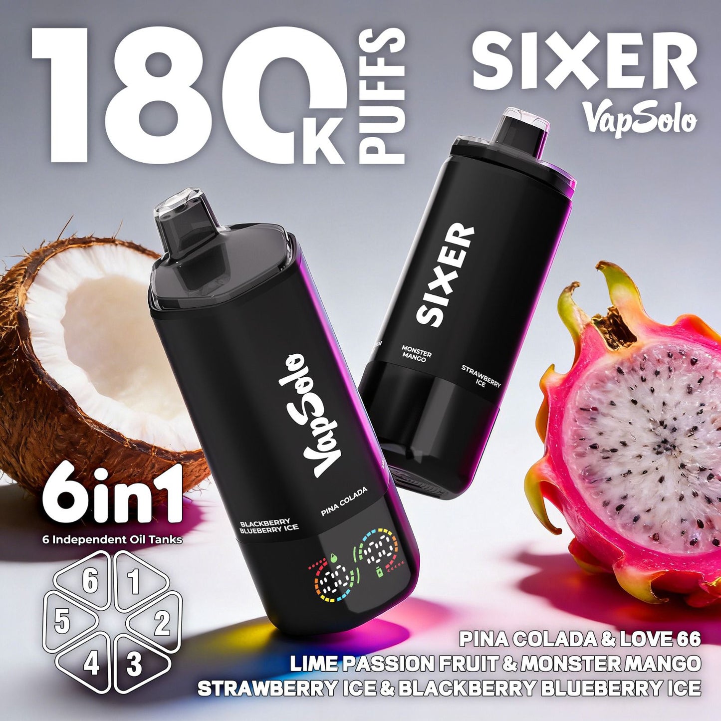 VAPSOLO SIXER 180k 6en1 | 180.000 caladas 6 sabores en 1