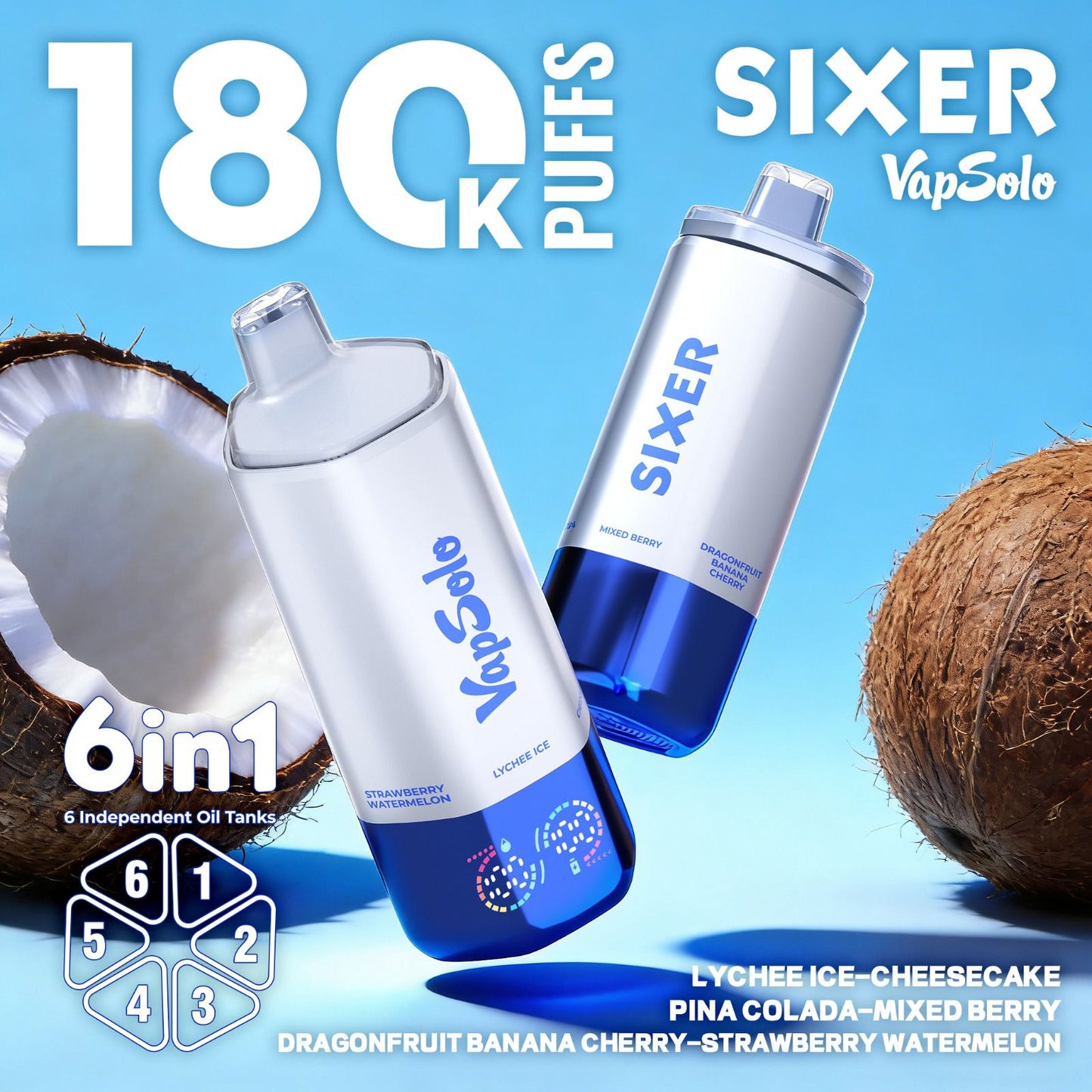 VAPSOLO SIXER 180k 6en1 | 180.000 caladas 6 sabores en 1