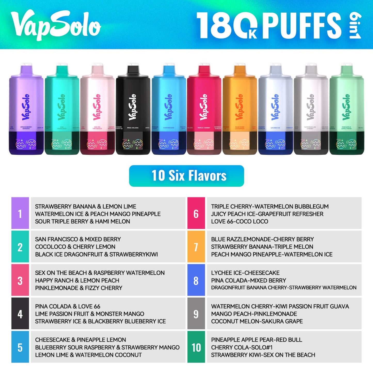 VAPSOLO SIXER 180k 6en1 | 180.000 caladas 6 sabores en 1